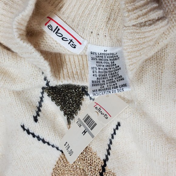 NWT VTG Talbots Argyle Knit Sweater Mock Neck Turtleneck Angora Rabbit Metallic - Picture 6 of 7